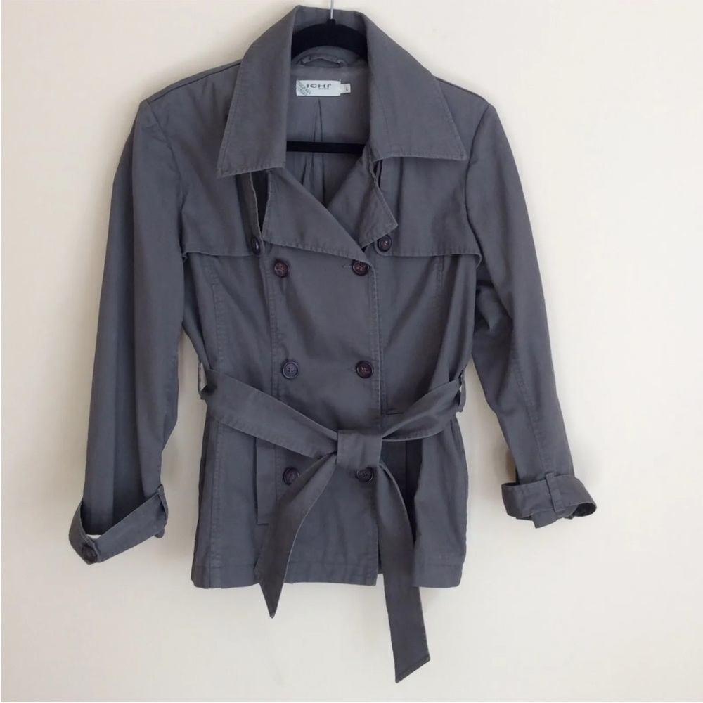 ICHI Double Breasted Belted Jacket Gray Juniors 100% Cotton Size L